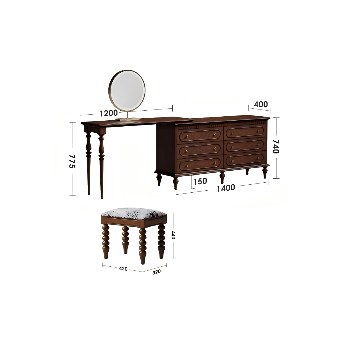艾玛梳妆柜带妆凳暮光咖规格图