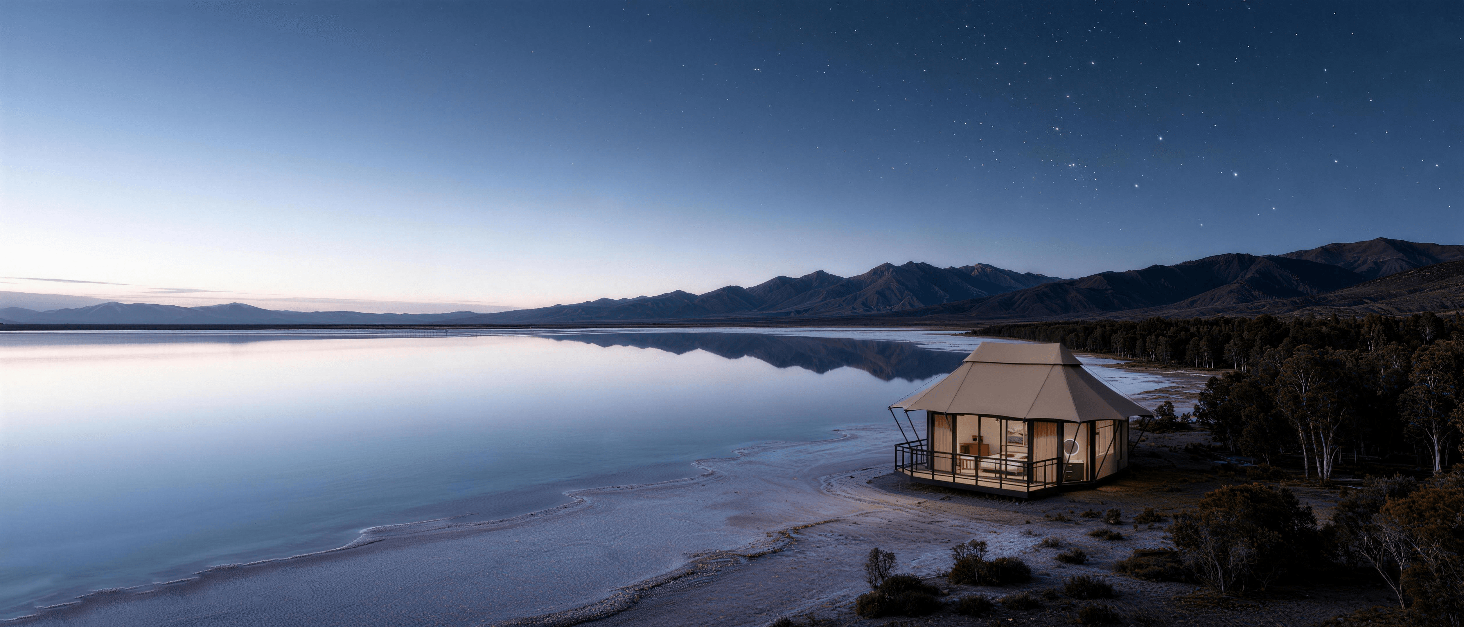 jimeng-2026-04-27-2703-无人机高空拍摄，夜晚高原盐湖，右边的湖面如镜面倒映远山与夜空，左边是茂密的树林和